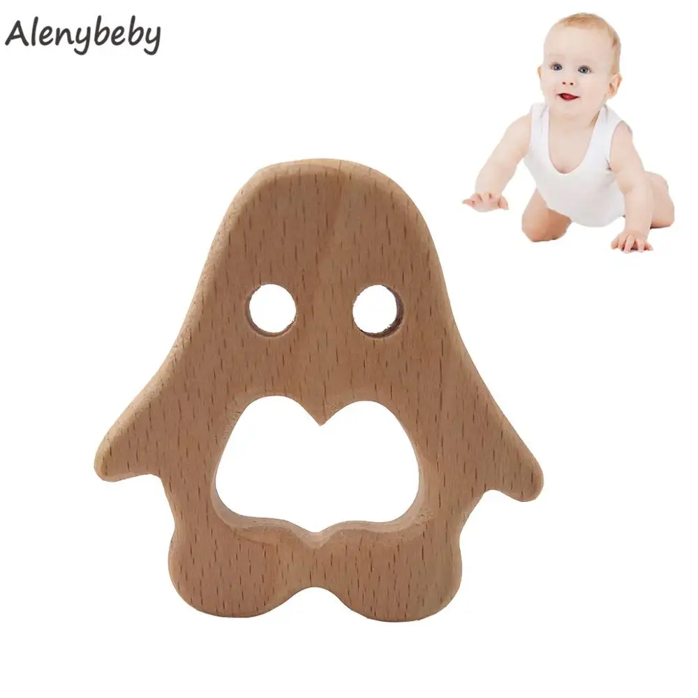 

Organic Baby Teether Product Beech Wooden penguin Teether DIY Wood Personalized Pendent Eco-Friendly Safe Baby Teething Chew Toy