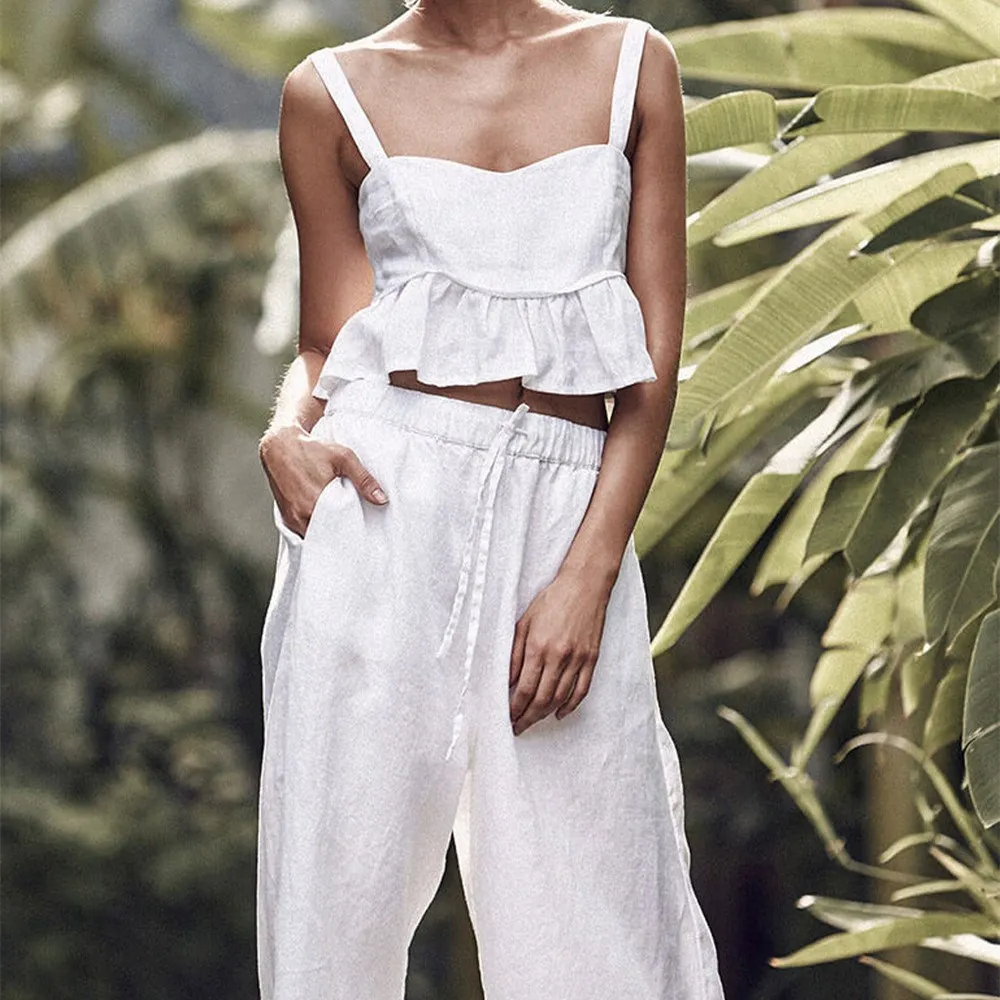 

Women Sexy Spaghetti Strap Two Piece Set Solid Sleeveless Ruffle Crop Top Wide Leg Pants Summer Suits Slim Casual Outfits