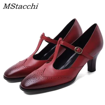 

MStacchi 2020 Retro Buckle Pumps Women Genuine Leather Elegant Square Toe High Heel Shoes Woman Buty Damskie Plus Size 32-40