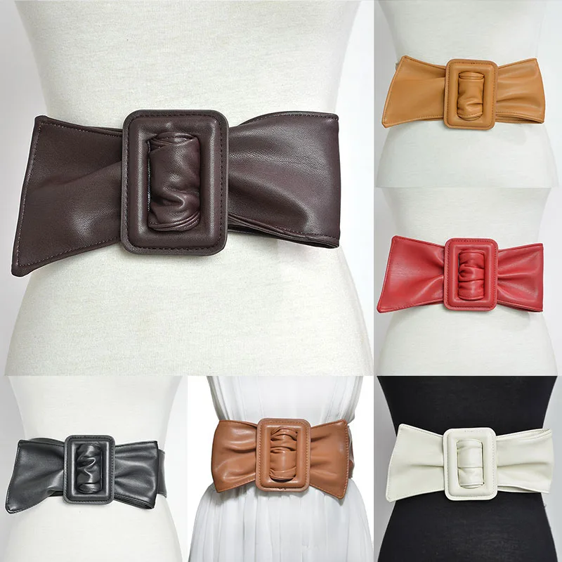 

Women Wide Belt Solid Color PU Imitation Sheepskin Rectangle Buckle Long Belt Leather Big Bow Cummerbund Dress Coat Waist Seal