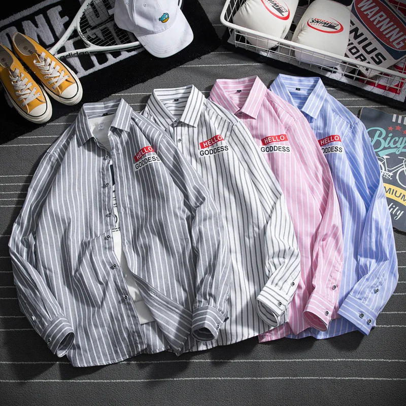 

Fashion Male Striped Shirt Trends Pattern Mens Shirts Autumn Blue White Gray Pink Men Long Sleeve Shirt