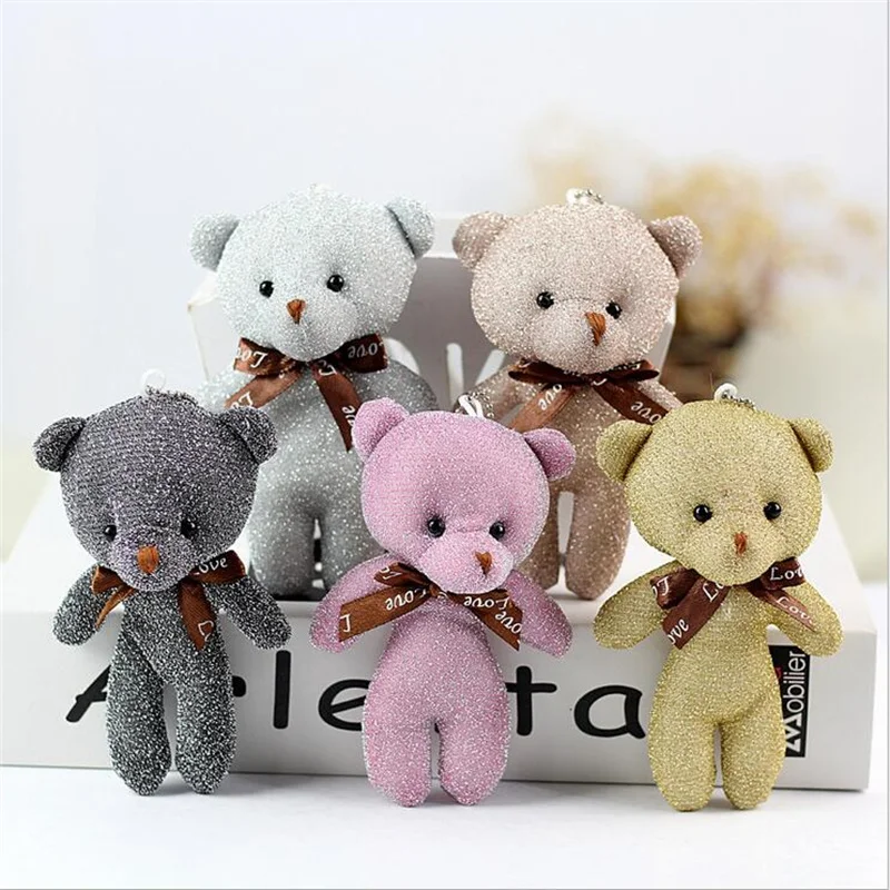 

1PCS Bow Tie Bright Silk Bear Plush Toy Siamese Bear Stuffed Doll Bag Ornaments Small Doll Gift Items 12Cm