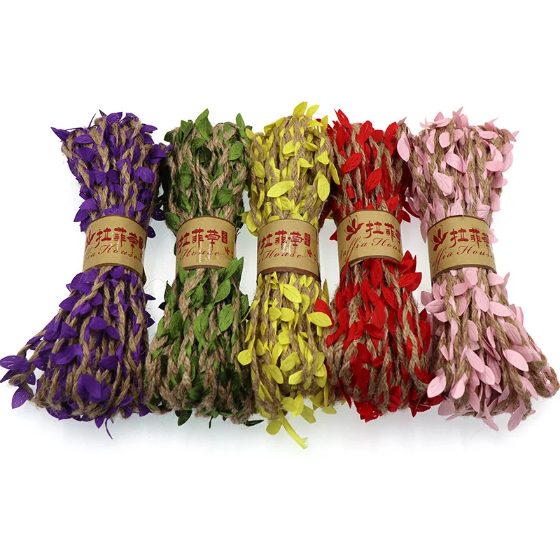 

10M Green Leaf Multicolor Hemp Rope Wedding Decoration Gift Packaging Rope Handmade DIY Gardening with Wire Leaves Paper Rope