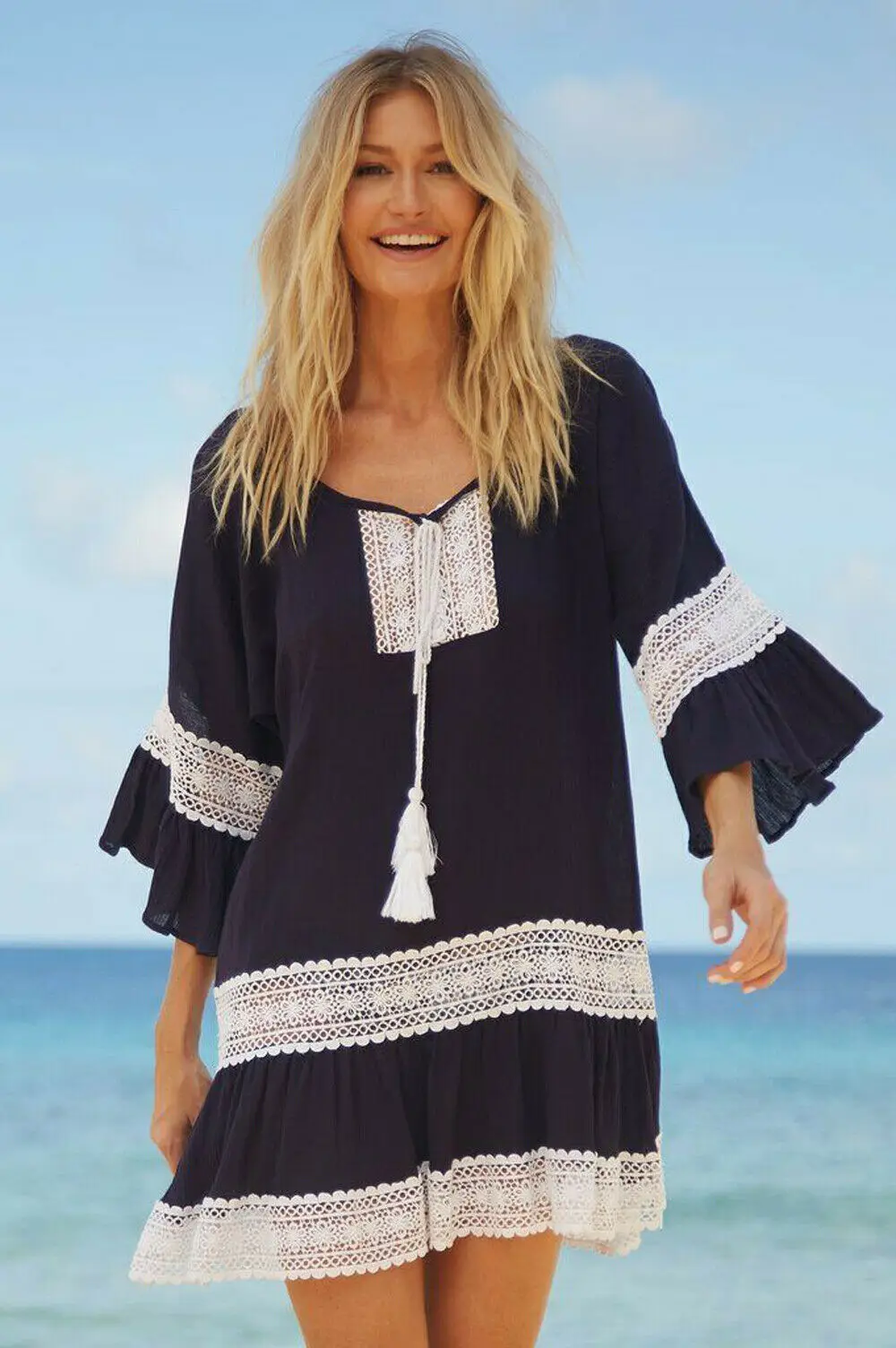

Women Lace Cover Up Beachwear Swimwear Bikini Dress Summer Crochet Top Long Flare Sleeve Loose Baggy V Neck Hollow Out Vestidos