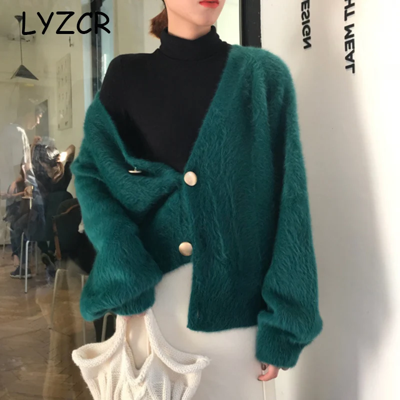 

LYZCR Winter Women Knitted Cardigan 2019 Thick Warm Mohair Sweater Cardigan Women Loose Oversized Women's Cardigan Female