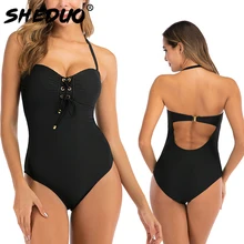 Сдельный Swmsuit, сексуальный однотонный боди, открытая спина, вырез через шею, купальник, монокини, купальник для женщин, плюс размер, купальник
