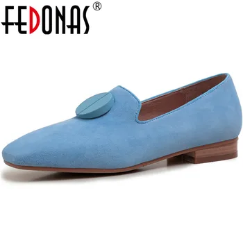 

FEDONAS 2020 Summer Autumn Square Heels Pumps Genuine Leather Concise Women Shoes Button Prom Basic Loafers Newest Shoes Woman