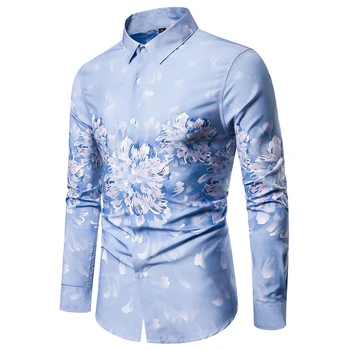 

2020 New Fashion Men's Long Sleeve Shirts Light Blue Lapel Mens Print Shirt Single Breasted European Size Casual Shirt Man