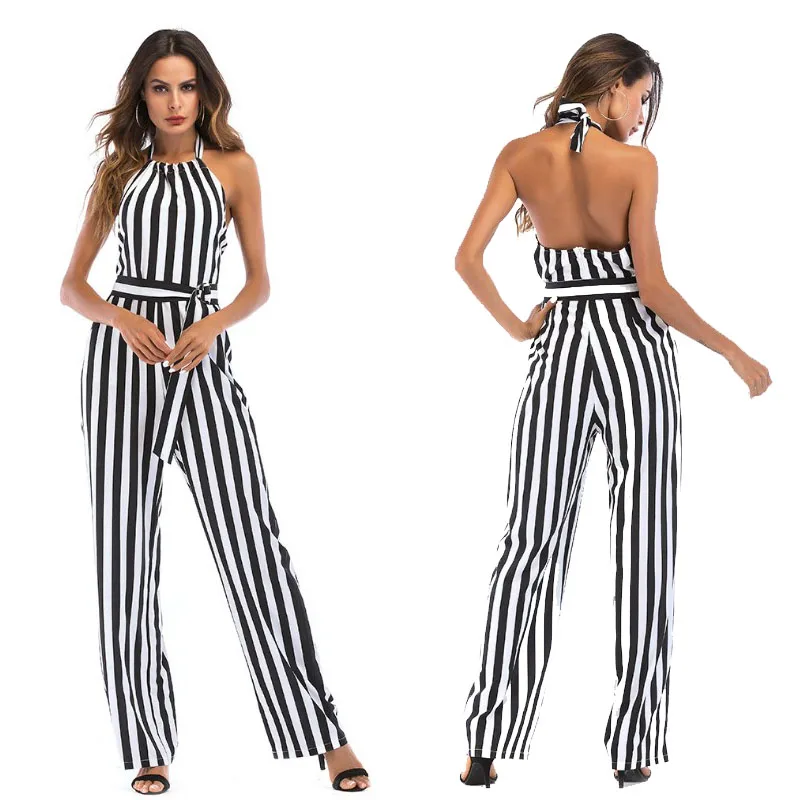 

2019 I2U Super Elegant and Sexy Womens Sleeveless Halter Backless Stripe Wide Leg Club Jumpsuit Romper Plus Size S-XXL