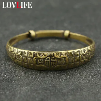 

Vintage Copper Sliding Adjustable Chinese Letters Blessing Bangles for Women Antique Brass Lucky Cuff Bracelets Handmade Bangle