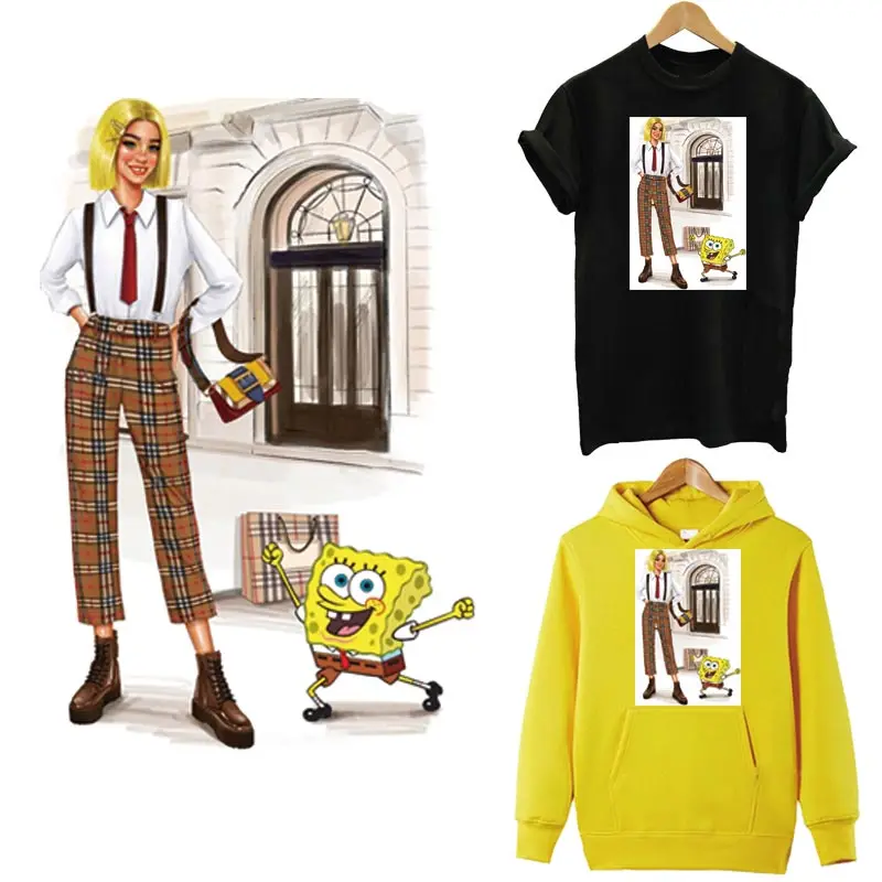 

DIY Patches SpongeBob With Fashion Girl Thermal Transfers Sticker On Clothes T-shirt Hoodies Applique Iron on Patches Decoration