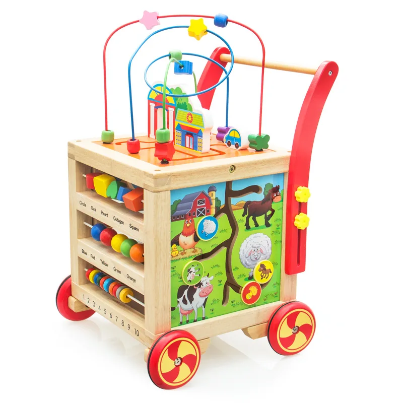 

New Style Wood CHILDREN'S Walkers Infant Baby Walker Multi-functional Speed Governing Wooden Educational Four Sides Bead-stringi