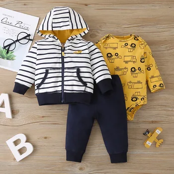 

2020 Autumn Baby Boys Girls Three-piece Sets Long Sleeve Hooded Striped Romper Jumpsuit + Zipper Jacket + Trousers Suit FSXMY199