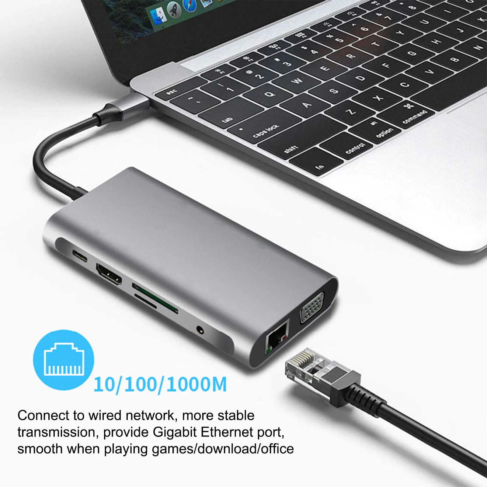 Áudio + Vga para Macbook 10 em 1 tipo c Compatível com Usb3.0 3 + Hdmi 4k + tf + sd + Rj45 + pd + Áudio Multif Docking Station Hdmi-adaptador * + Vga para Macbook Hub 1 High Quality Computador e Escritório