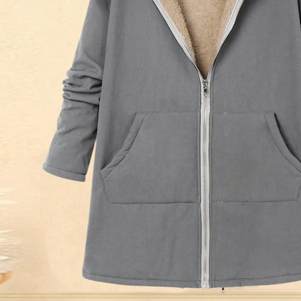 JAYCOSIN ladies large size jacket zipper hooded plus solid long composite plush casual fashion coat warm loose autumn and winter