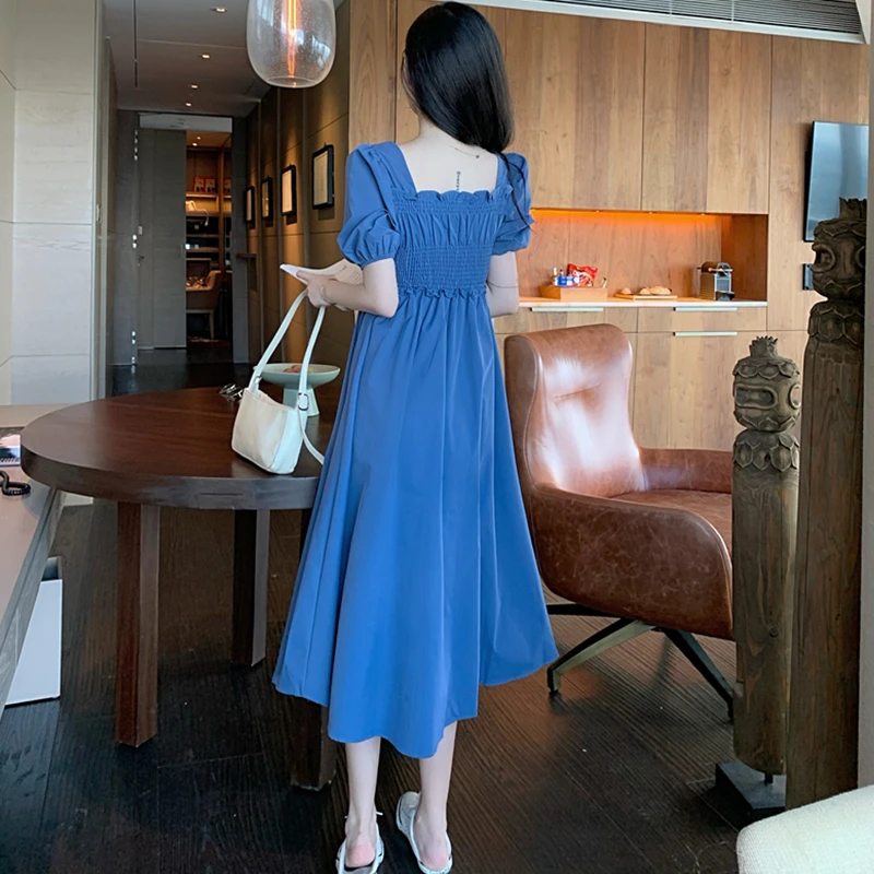 Blue Dresses Women Solid Elegant Holiday Puff Sleeve Summer 2021 New Folds Beach Style Square Collar Vestidos Mujer Casual Chic