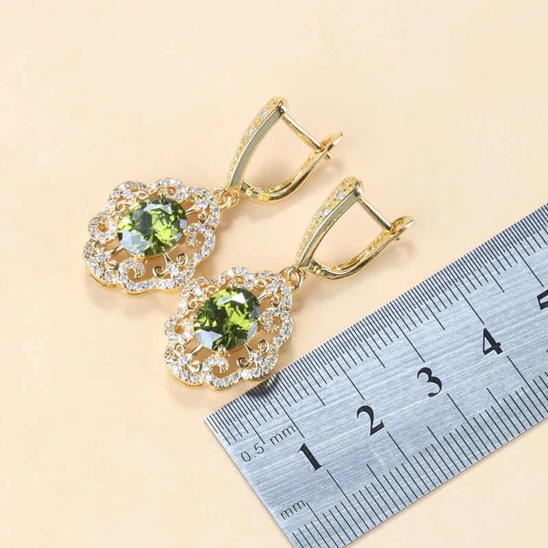 Bridal Jewelry Sets Crystal Jewelry Sets 10-Colors Cubic Zirconia Women Accessories 18K Gold Plated Olive Green Zirconia Charm Bracelet And Ring Jewelry Sets