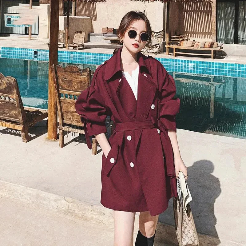 

Тренчкот женский с высокой талией, модная ветровка средней длины, однотонная офисная верхняя одежда с V-образным вырезом и поясом, весна-осень 2021
