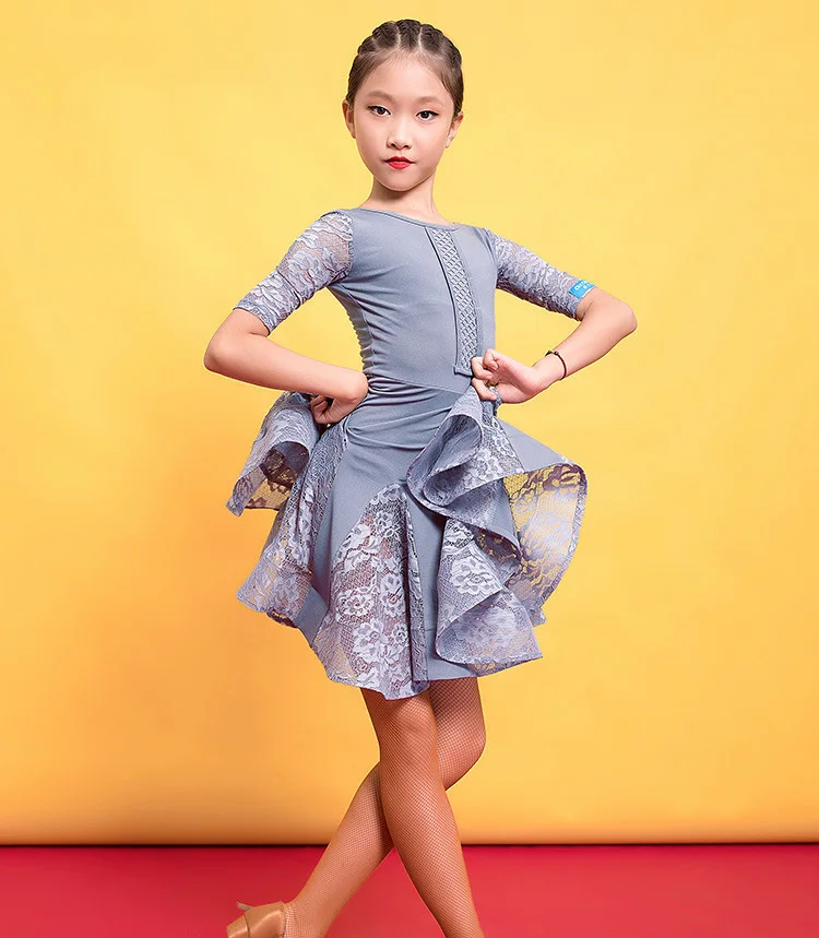 New Girls Latin Dance Ballroom Salsa Tango Dress Kid Child Lace Latin Dance Dresses Leotard Long Sleeve Costume 110-170cm