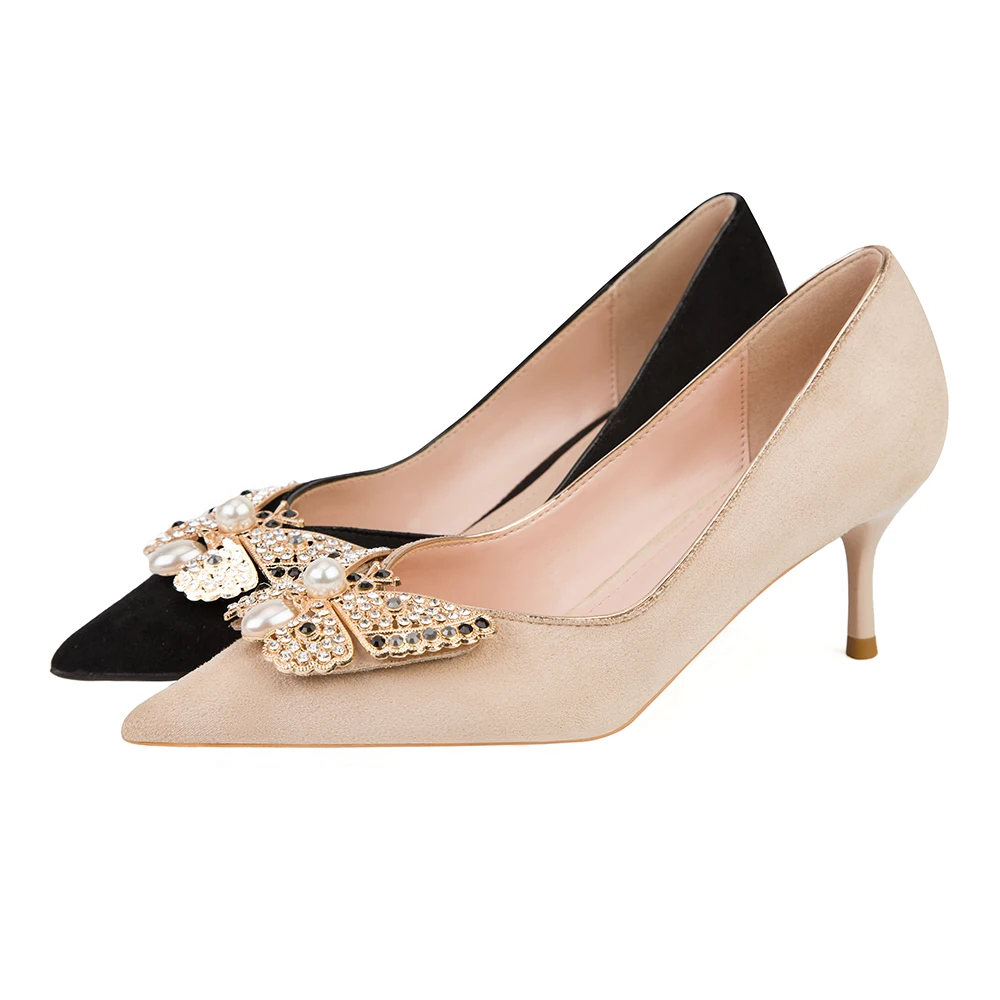 Women High Heels Suede Pumps Woman Shoes Butterfly Metal Decoration Branded Summer Luxury Microfiber Party Wedding Shoes 2022