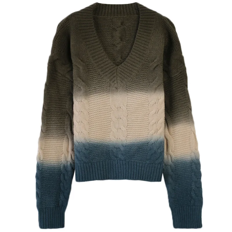 

Women's sweater gradient color round neck loose thick needle 2019 autumn /winter new long sleeve knit shirt single piece set