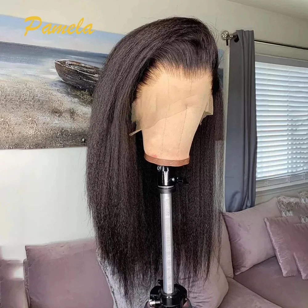 Double Texture Kinky Straight Preplucked Wigs 4x4 5x5 Lace Closure Yaki Straight Glueless Wig Human Hair Ready To Wear For Women