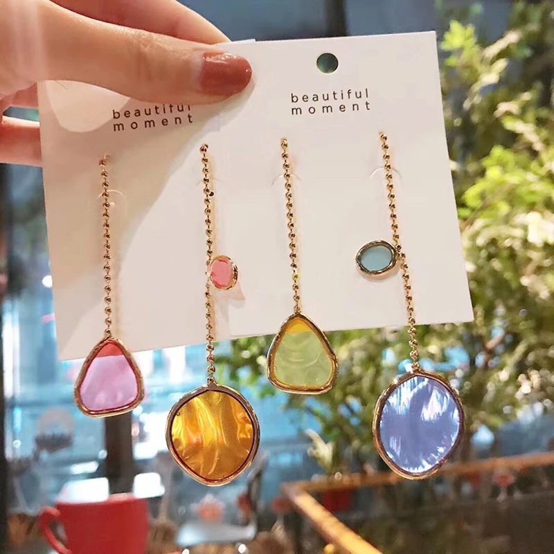 

2019 New Asymmetry Colorful Acrylic Drop Earrings For Women Transparent Geometric Dangle Pendientes Holiday Jewelry