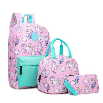 

Pink Unicorn 3pcs Sets Backpack+Meal Pack+Pencil Case Printing School Canvas Student Teenage Shoulder Bags Mini Travel Backpack