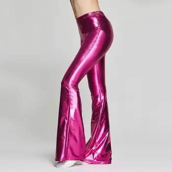 

Fashion Women Solid Color High Waist Faux Leather Slim Bell-bottom Trousers Pants