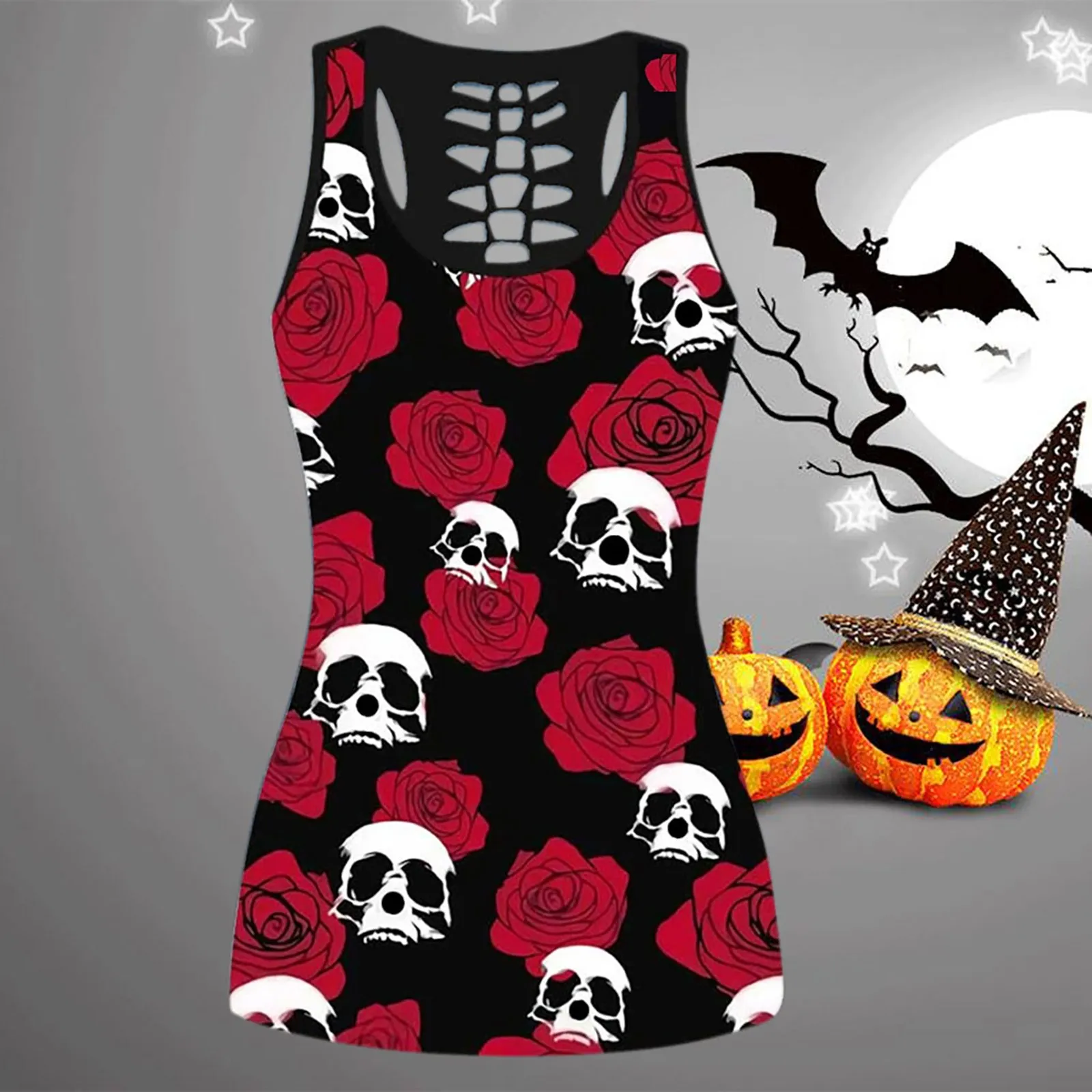 2021 Women's Rose Skull Printing Sleeveless Shorts Set Halloween atmosphere Nightwear Short Set Refreshing Round neck tops 2