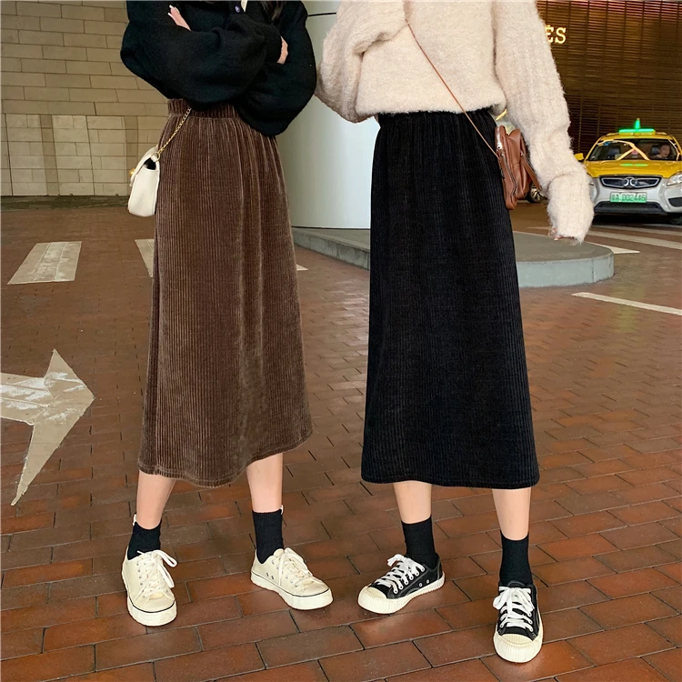 Винтажная Вельветовая Свободная Женская юбка Harajuku с высокой талией, тонкая Однотонная юбка, женская простая Осенняя Новая женская черная юбка