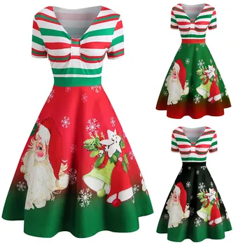 

Christmas Dress Women платье Fashion Vintage Stripr Print Santa Claus Short Sleeve Stripe Print V-Neck Swing Dress Free Ship Z4