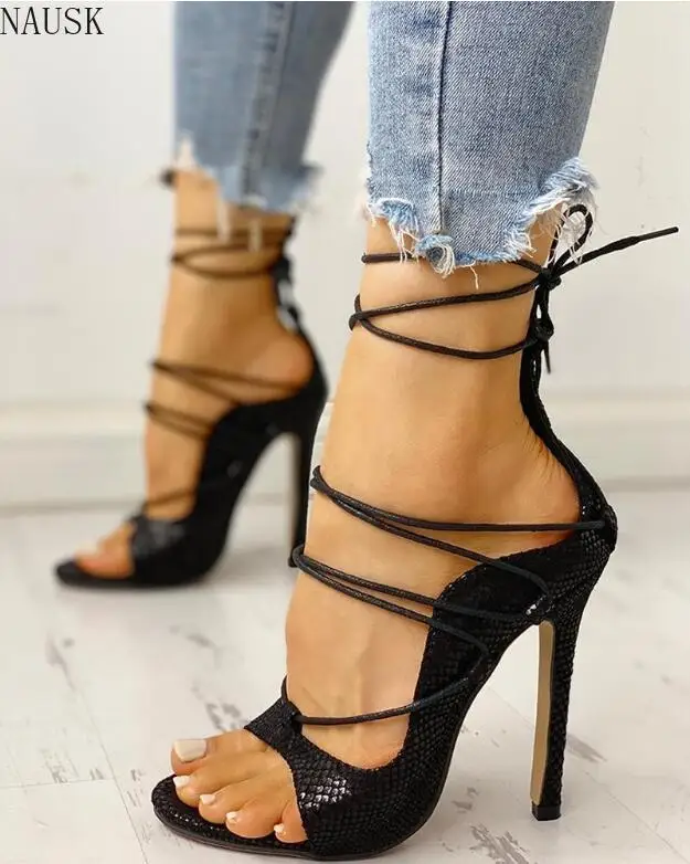 

New 2020 Summer Women's Sandals PU Lace-Up Thin High Heels Pumps Cover Heel Shallow Mature Serpentine Dance Solid Womens Shoes