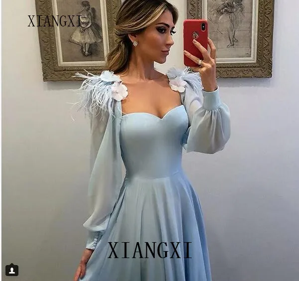 Ciel bleu musulman robes de Soiree a-ligne Chery manches longues en mousseline de soie grande taille saoudien arabe dubaï