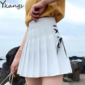 

Fashion High Waist Harajuku Women Mini Skirts Safari Black Red Short Skirt Streetwear White Lace-Up School girls pleated skirt