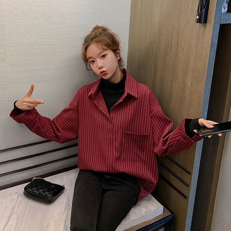 

Shirt Top 2020 Spring New Shirt Loose High Collar Fake Two Long-sleeved Vertical Striped Shirt Women