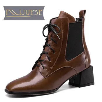 

MLJUESE 2021 women Ankle boots Cow leather Winter short plush Square Toe Lace-Up High heels female Chelsea boots size 41