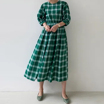 

SuperAen 2020 Summer New Long Plaid Dress Female Korean Style Cotton Women Dress High-Waisted Fashion Women Clothing