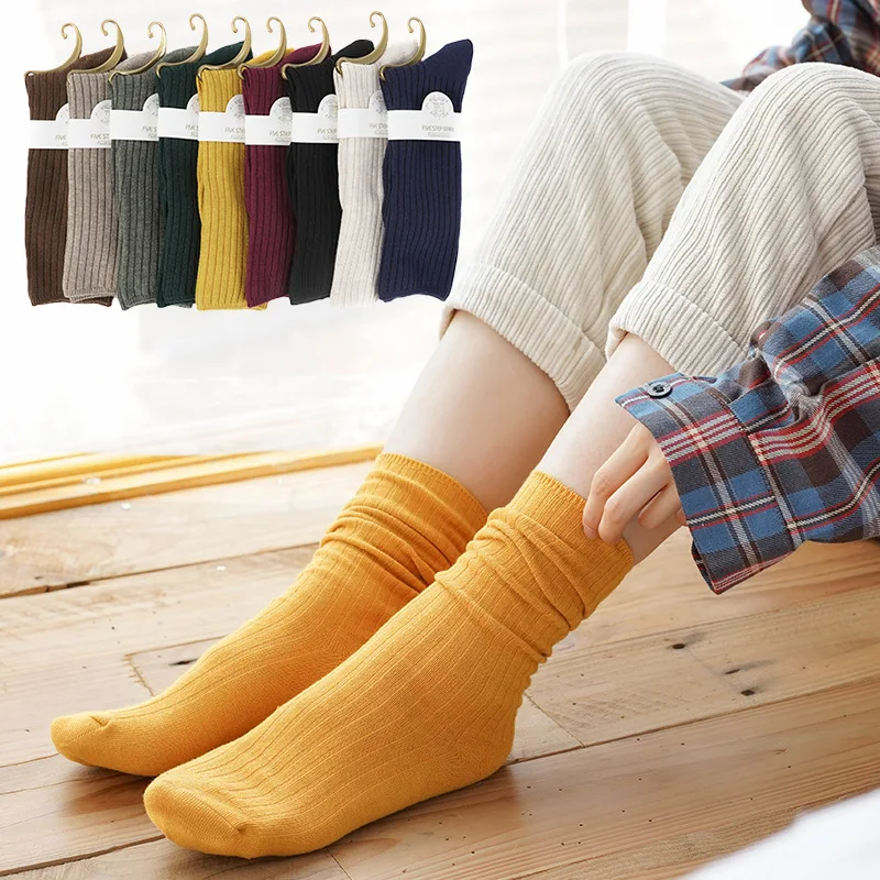 3Pairs/lot=6Pieces Autumn Solid Color Double Needle Vertical Stripes Long Socks Female Cotton Thickening Woman Winter Socks