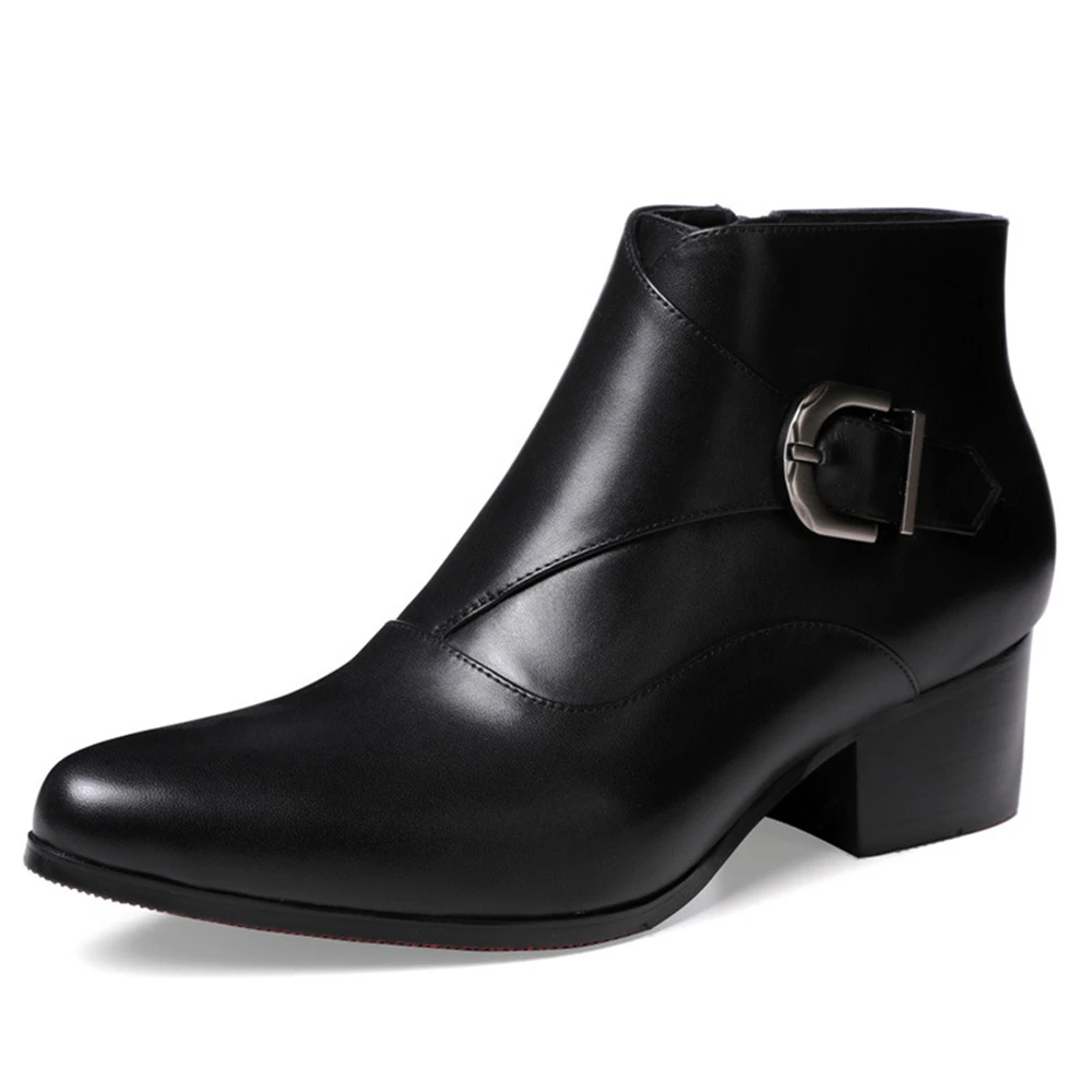 

New Mans Pointed Toe Buckle High Heels for Men Fashion Leather Boots Zip Wedding Height Increase Man Boots