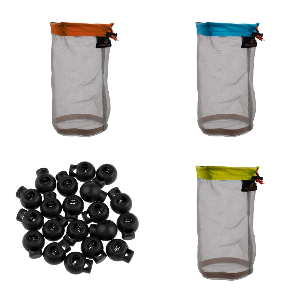3 Pack Ultra Stuff Sacks- Nylon Mesh Drawstring Storage Bag for Camping Travel Hiking Outdoor Sports, Bungee Toggles Included
