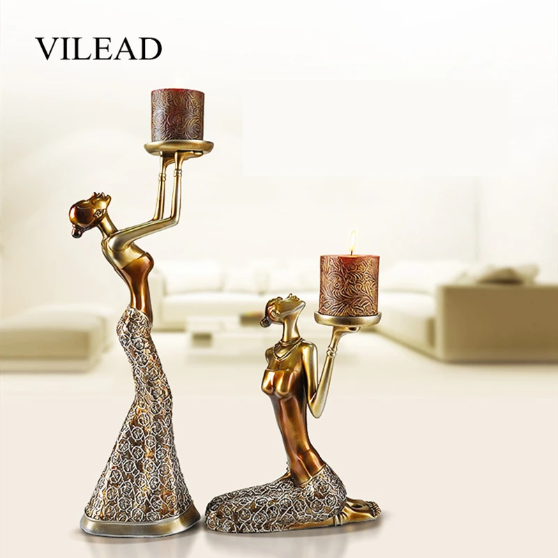 

VILEAD 25cm 39.5cm Resin Beauty Candlestick Figurines American Creative Retro Ornaments Soft Decor Romantic Candlelight Dinner