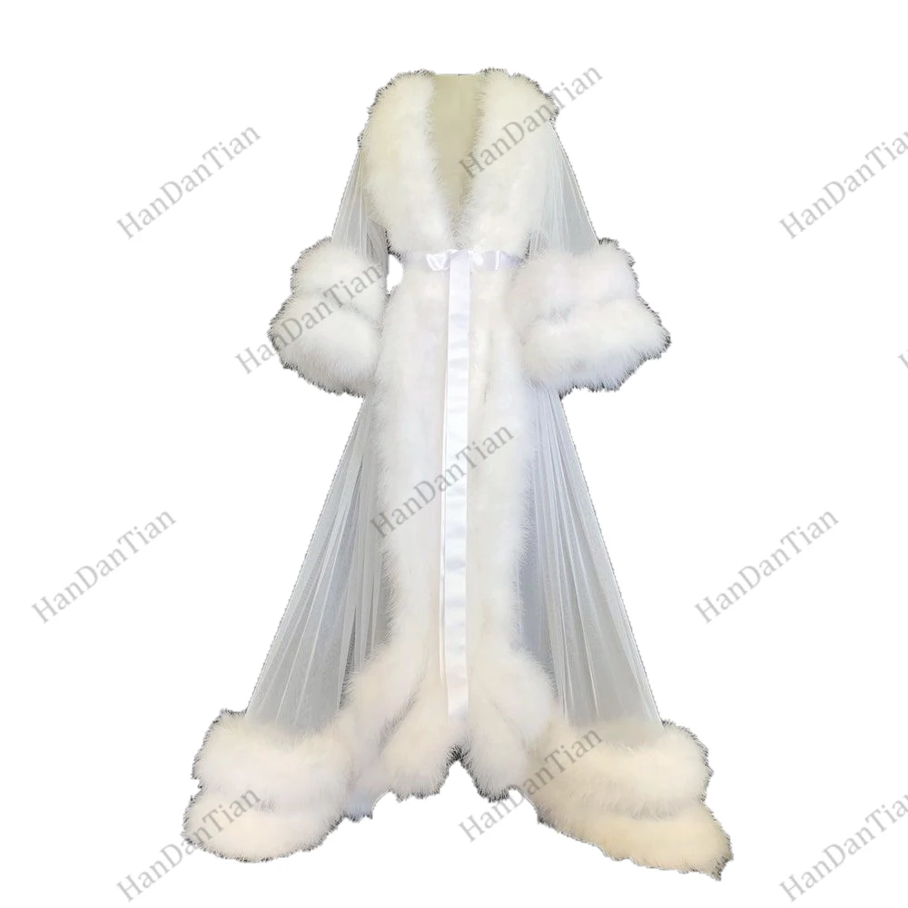 

White Double Deluxe Women Robe Fur Nightgown Bathrobe Sleepwear Bridal Robe Marabou Dressing Gown Party Gifts Bridesmaid Dress