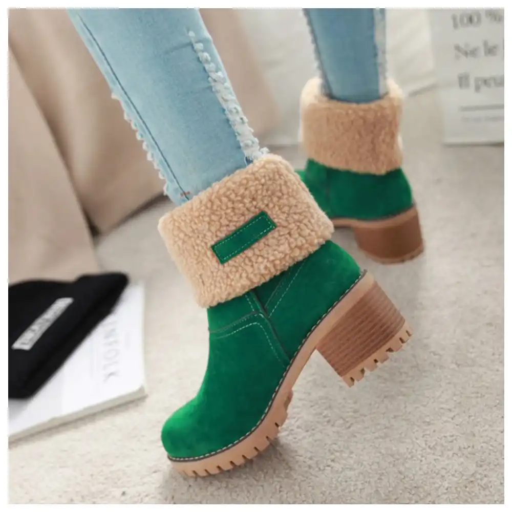 women cute warm short boots suede chunky mid heel round toe winter snow ankle booties