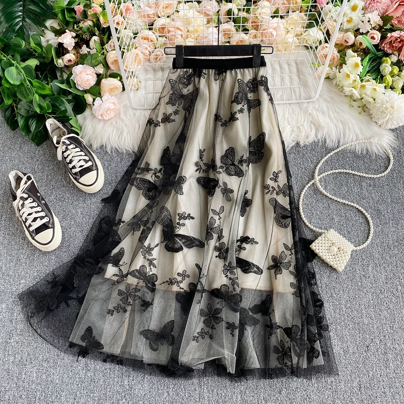 

Юбка женская с вышивкой бабочки, элегантная эластичная трапециевидная юбка из тюля с завышенной талией, длинная сетчатая Цветочная, на лето