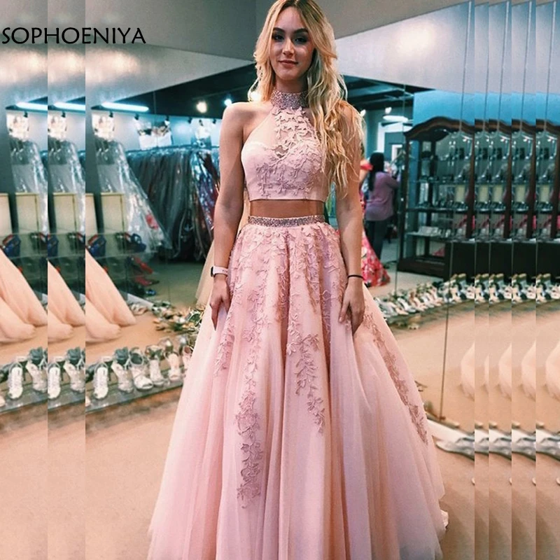 pink halter neck prom dress