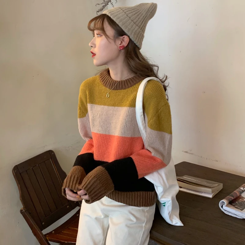 Женские свитера японский Kawaii Ulzzang Повседневный свободный ретро полосатый свободный свитер женский корейский Harajuku одежда для женщин