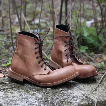 

Goodyear Full-grain Leather Lace-up Tube Men Boots Retro Biker Boots Washing Leather Sole Pointed Toe Ankle Zipper Cow Leather
