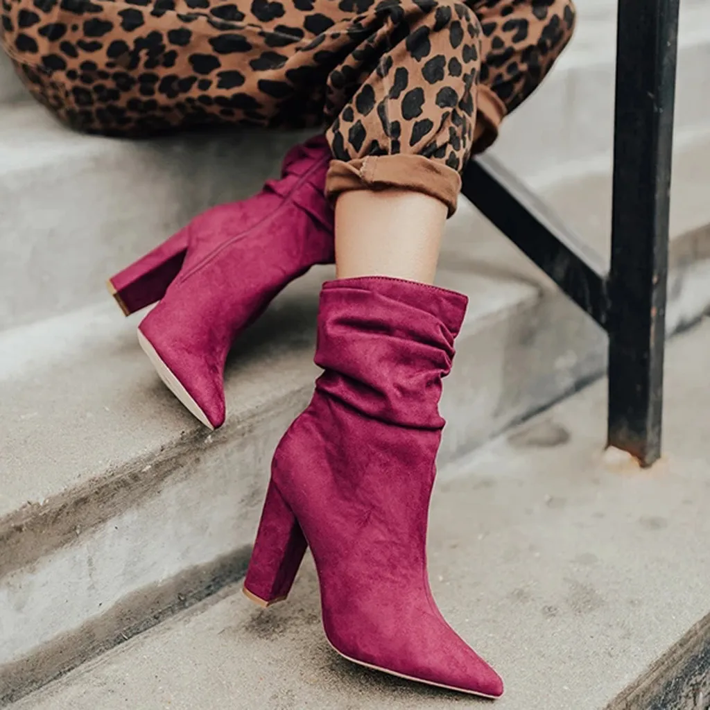 

Retro Women Short Boots 2019 Winter Warm Flock Shoes Women Square Heel Rome Zip Booties Ladies Pointed Toe Solid Casual Shoes