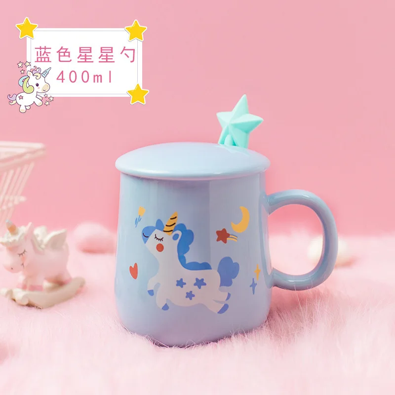 Star Spoon Blue Новинка мультфильм Единорог кофейная кружка с крышкой и 3D Единорог звезда ложка розовый кофе молоко творческая чашка для чая подарок для девочек - Цвет: Star Spoon Blue